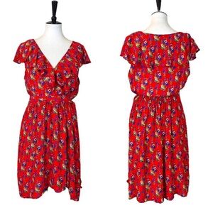 Maeve Anthropologie Wrap Dress Ruffle Neck Cap Sleeves Red Floral Women’s 16